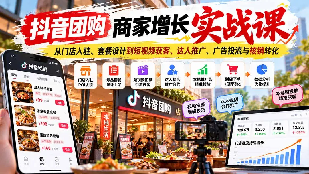 抖音团购商家增长实战课：从门店入驻、套餐设计到短视频获客、达人推广、广告投流与核销转化-续财库