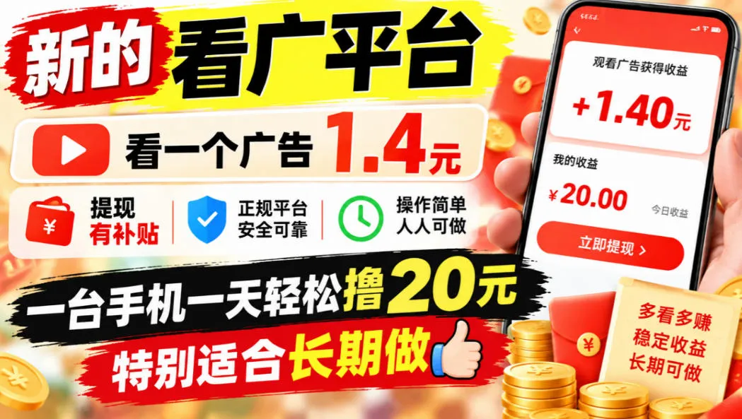 一个新的看广平台，看一个广告1.4元，提现有补贴,一台手机一天轻松撸20+，特别适合长期做【揭秘】-续财库