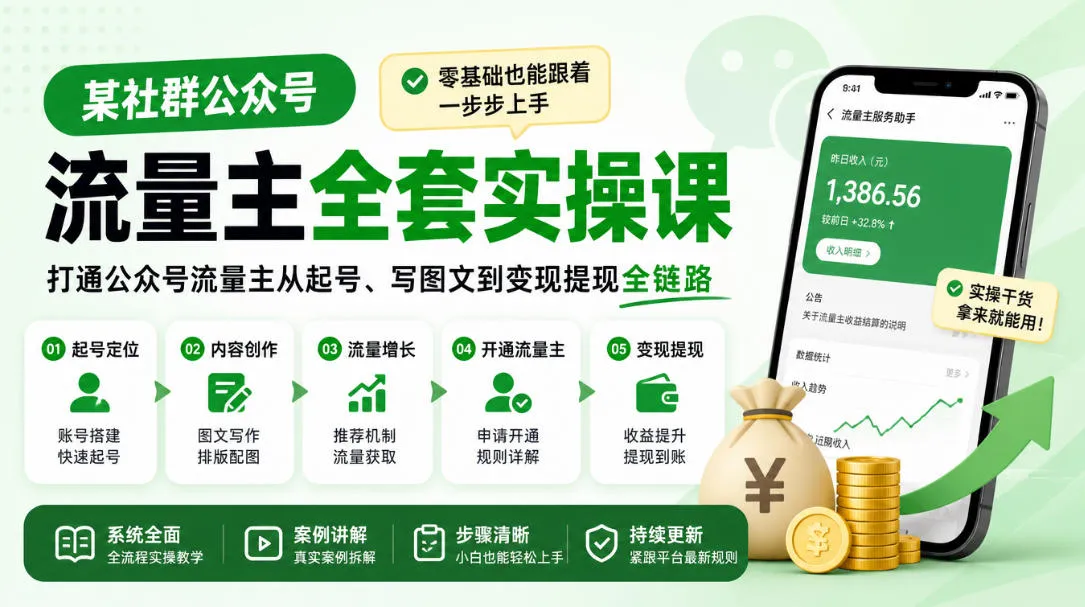某社群公众号流量主全套实操课，零基础也能跟着一步步上手，打通公众号流量主从起号、写图文到变现提现全链路-续财库