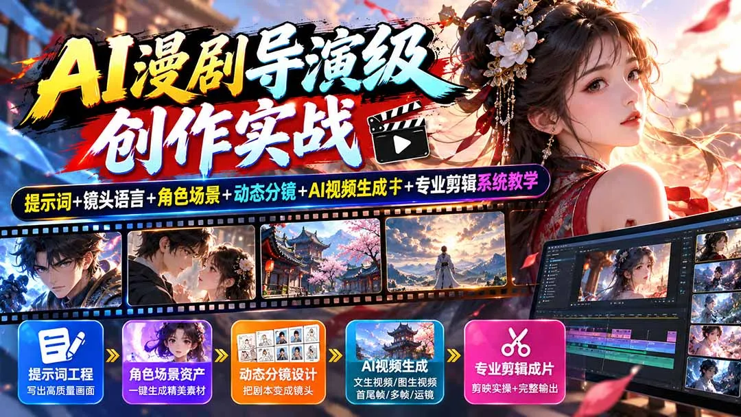 AI漫剧导演级创作实战:提示词+镜头语言+角色场景+动态分镜+AI视频生成+专业剪辑系统教学-续财库