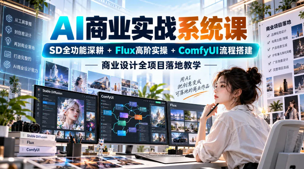 AI商业实战系统课｜SD全功能深耕+Flux高阶实操+Comfyui流程搭建，商业设计全项目落地教学-续财库