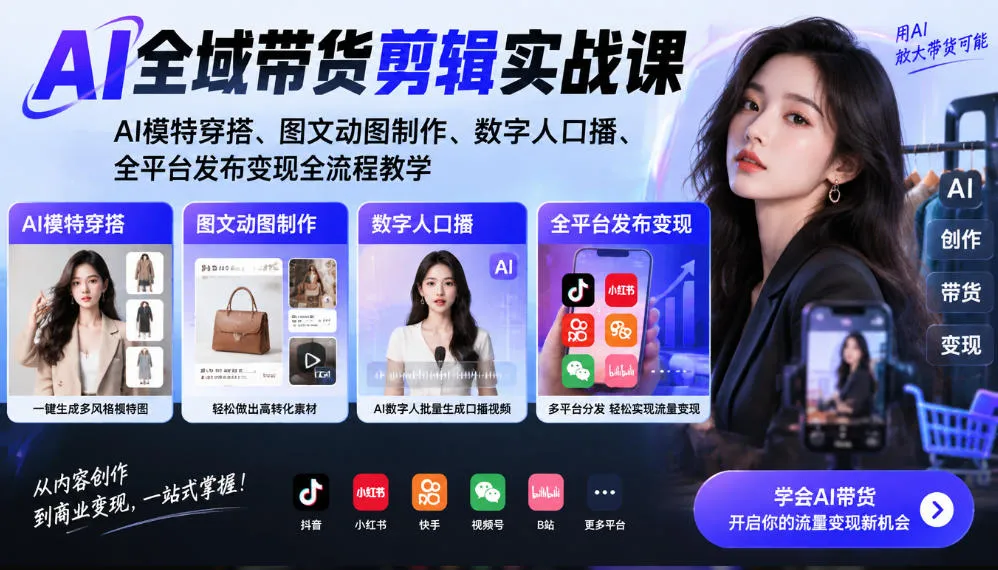 AI全域带货剪辑实战课｜AI模特穿搭、图文动图制作、数字人口播、全平台发布变现全流程教学-续财库