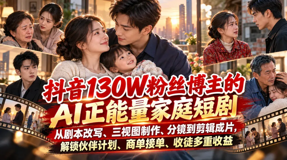 抖音130W粉丝博主的AI正能量家庭短剧,从剧本改写、三视图制作、分镜到剪辑成片,解锁伙伴计划、商单接单、收徒多重收益(更新1007)-续财库