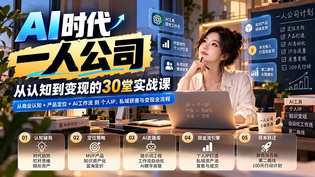 【无水印】AI时代一人公司30堂实战课：从商业认知+产品定位+AI工作流到个人IP、私域获客与变现全流程-续财库