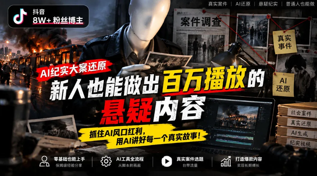抖音8W粉丝博主的AI纪实大案还原教学，新人也能做出百W播放的悬疑内容，抓住AI风口红利，用AI讲好每一个真实故事-续财库