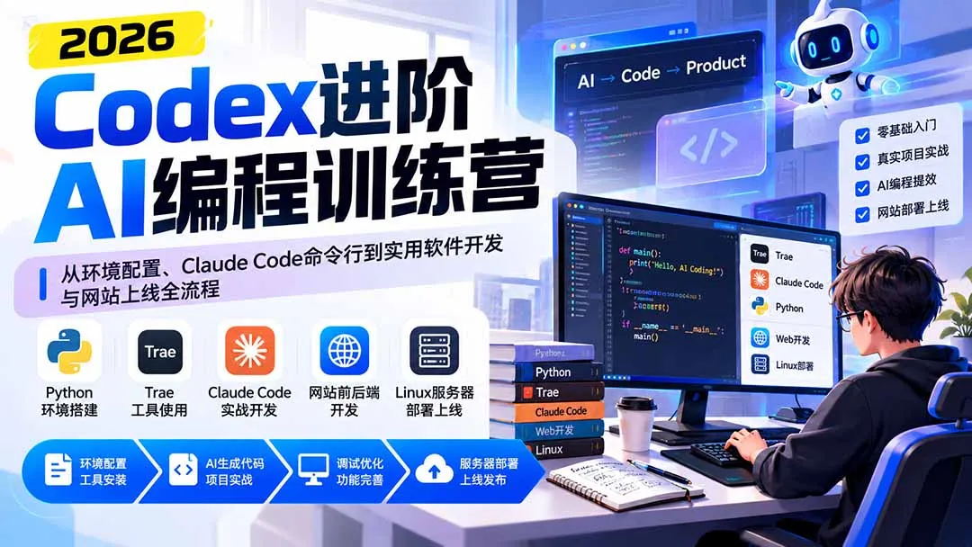 Codex进阶AI编程训练营:从环境配置、Claude Code命令行到实用软件开发与网站上线全流程-续财库