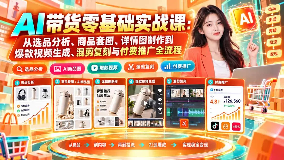 AI带货零基础实战课：从选品分析、商品套图、详情图制作到爆款视频生成、混剪复刻与付费推广全流程-续财库