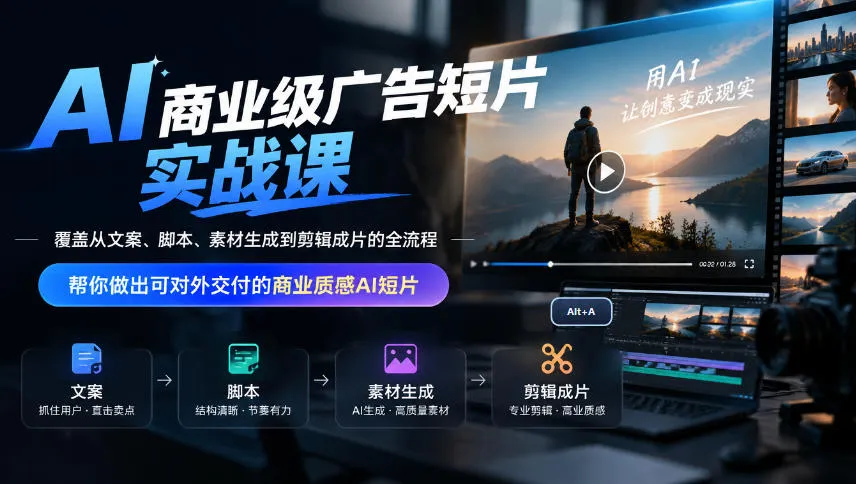 AI商业级广告短片实战课,覆盖从文案、脚本、素材生成到剪辑成片的全流程,帮你做出可对外交付的商业质感AI短片-续财库