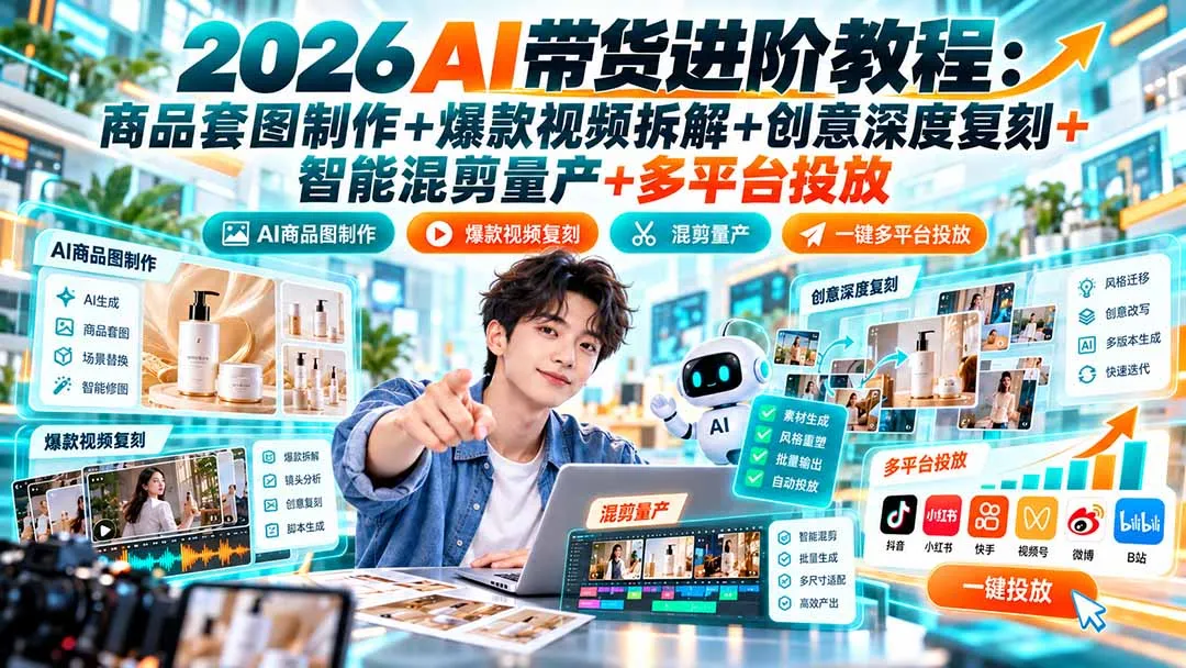 2026AI带货进阶教程：商品套图制作+爆款视频拆解+创意深度复刻+智能混剪量产+多平台投放-续财库