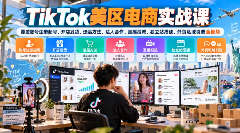 TikTok美区电商实战课，覆盖账号注册起号、开店发货、选品方法、达人合作、直播投流、独立站搭建、外贸私域引流全模块-续财库