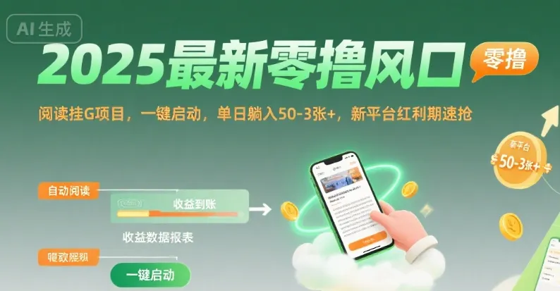 2025最新零撸风口，阅读挂G项目，一键启动，单日躺入 50-3张+，新平台红利期速抢【揭秘】-续财库