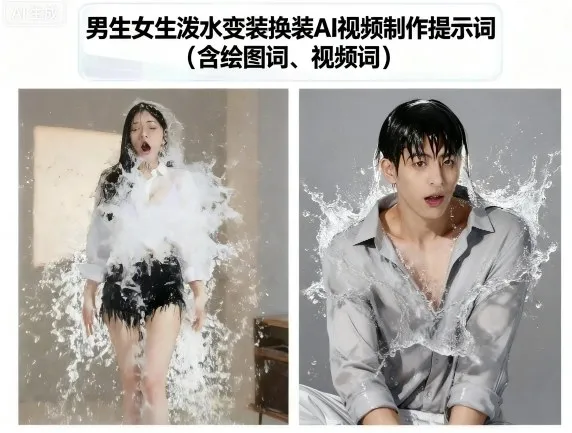 男生女生泼水变装换装AI视频制作提示词(含绘图词、视频词)-续财库