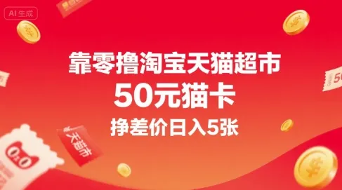 靠零撸淘宝天猫超市50元猫卡,挣差价日入5张-续财库