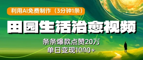 利用AI免费制作田园生活治愈视频，条条爆款点赞20W，单日变现几张-续财库