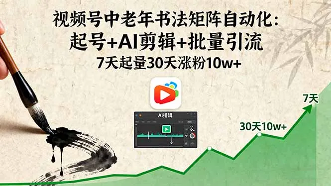 视频号中老年书法矩阵自动化：起号+AI剪辑+批量引流 7天起量30天涨粉10w+-续财库