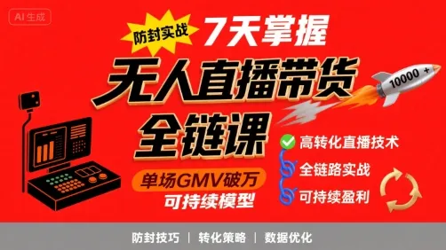 无人直播带货全链防封实战课，7天掌握高转化直播技术，实现单场GMV破万可持续模型-续财库