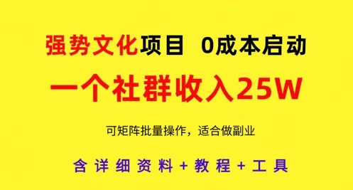 强势文化项目，一个社群收入25个W，0成本启动，可矩阵批量操作，原创详细实操教程-续财库