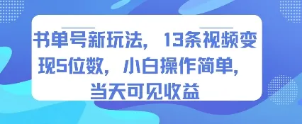 书单号新玩法，13条视频变现5位数，小白操作简单，当天可见收益-续财库