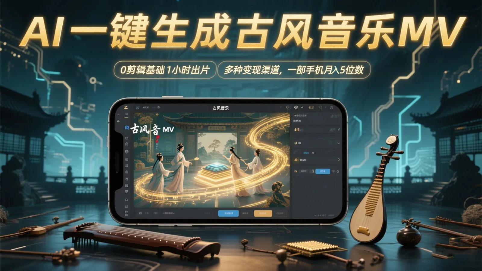 AI一键生成古风音乐MV，0剪辑基础1小时出片，多种变现渠道，一部手机月入5位数-续财库