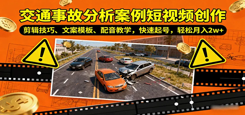 交通事故分析案例短视频创作,剪辑技巧、文案模板、配音教学,快速起号,轻松月入2w+-续财库