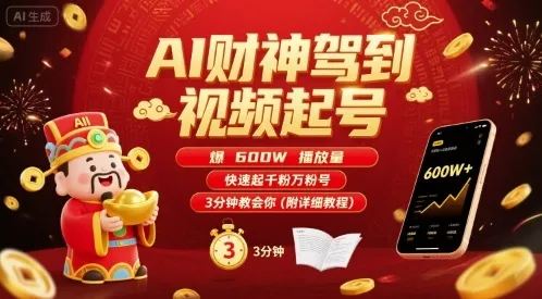 AI财神驾到视频起号,爆600W播放量,快速起千粉万粉号,3分钟教会你(附详细教程)-续财库