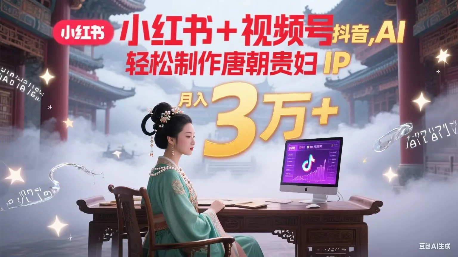 小红书+视频号+抖音，AI轻松制作唐朝贵妇IP，毒鸡汤、励志、减肥瘦身、养生赛道轻松切入，每天30分钟，轻松产出N条，月入3万+-续财库