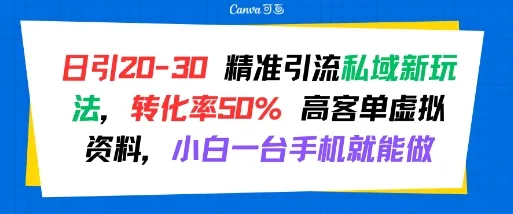 日引 20-30 精准引流私域新玩法，转化率50% 高客单虚拟资料，小白一台手机就能做-续财库