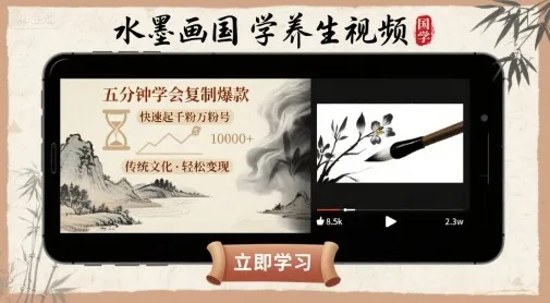 水墨画国学养生视频,五分钟学会复制爆款,快速起千粉万粉号-续财库