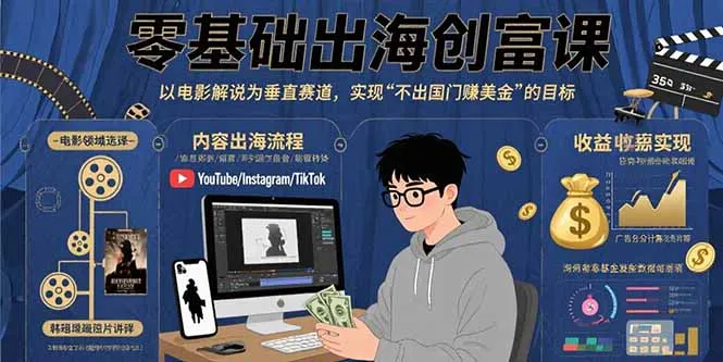 零基础出海创富课：以电影解说为垂直赛道，实现不出国门赚美金的目标-续财库